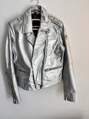 Mauritius "No Mistakes Just Happy Accidents" Holographic Silver Leather Moto Jac